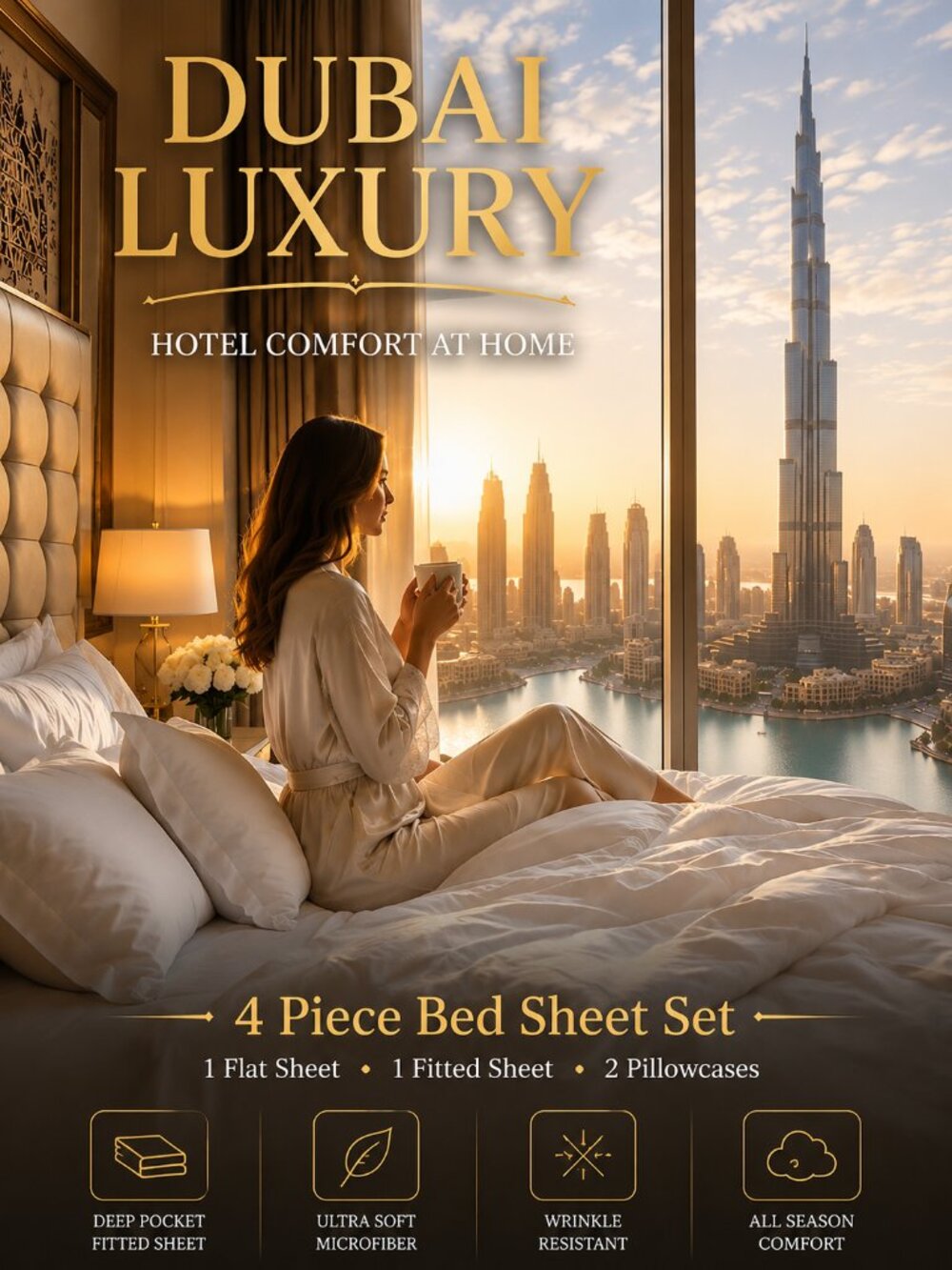 Bed Sheet Set 4 Piece Dubai Luxury Hotel Comfort Deep Pocket Soft Wrinkle Free
